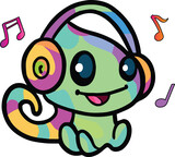 Happy smiling baby chameleon with headphones listening to music. Kawaii style.