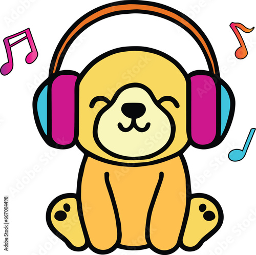 Happy smiling baby dog puppy with headphones listening to music. Kawaii style.
