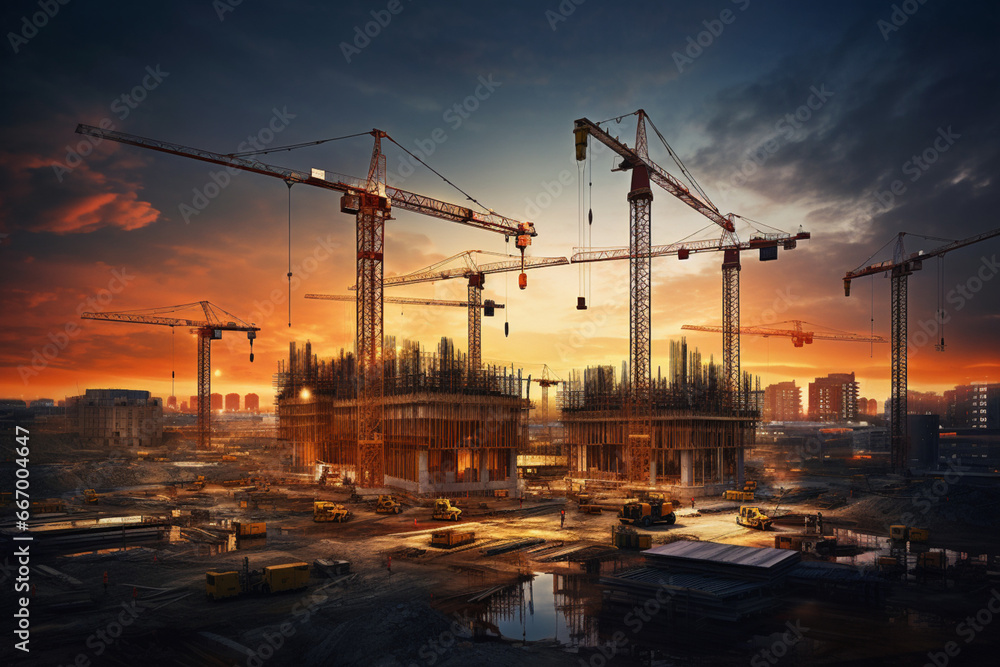Construction site and cranes, design architecture, aesthetic look