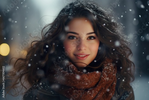Half-length portrait of young beautiful woman in winter clothes and heavy snow, close-up of young woman in snow, winter advertising