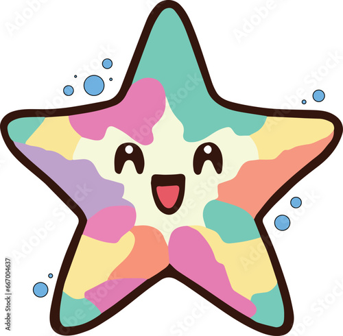 Happy smiling baby starfish with bubbles. Kawaii cartoon