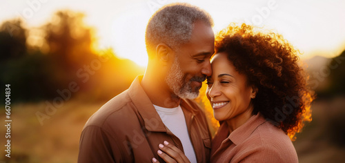Lifestyle portrait of mature black couple in love smiling and embracing outside at sunset
