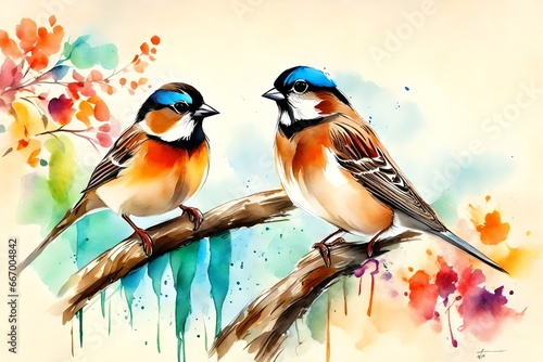 Tableau sur toile A Stunning Watercolor Sketch of Two Colorful Sparrows.