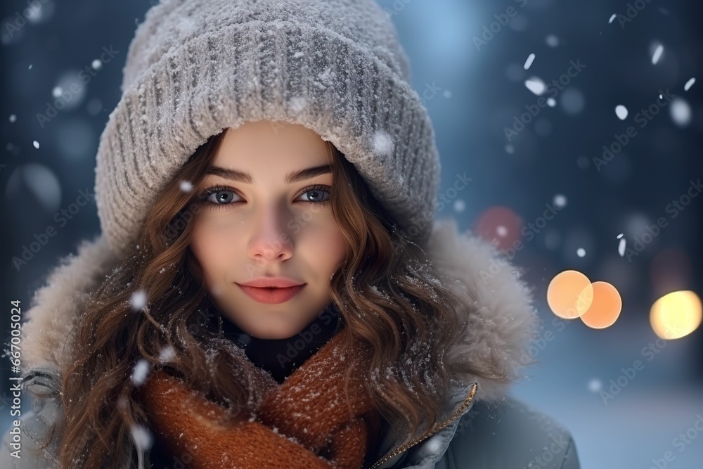 Half-length portrait of young beautiful woman in winter clothes and heavy snow, close-up of young woman in snow, winter advertising Half-length portrait of young beautiful woman in winter clothes and heavy snow, close-up of young woman in snow, winter advertising