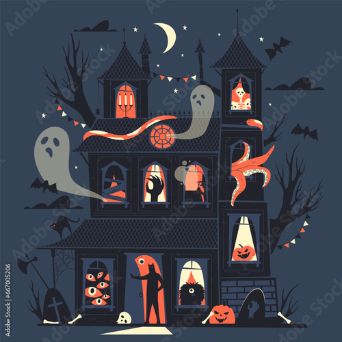 Night halloween castle with ghosts vector illustration. Cartoon background for october or autumn celebration banner. House with pumpkin and bats. Creepy or scary card or poster. Mansion template