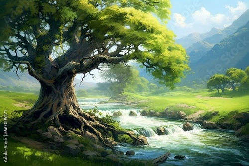 Beautiful scenery: grassy riverbank, cascading waterfall, and majestic tree. Generative AI