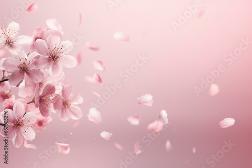 Pink flowers falling in the air on pink background, levitation, spring flowers concept. Generative AI