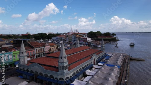 Aerial view Ver-o-Peso Iron Market on the shores of Guajará Bay. Parallax photo