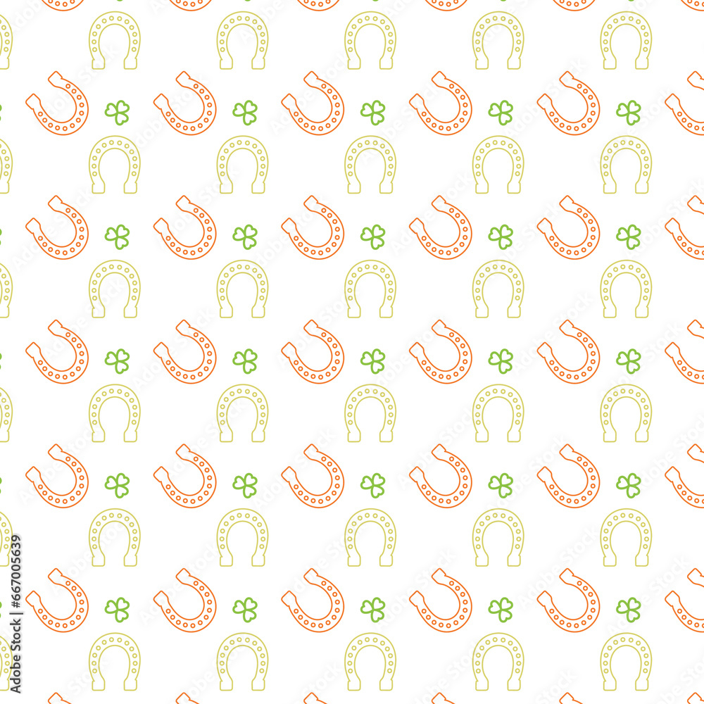 Digital png illustration of rows of horseshoes and green clover on transparent background