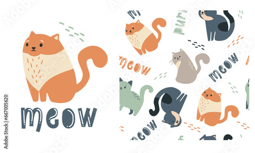 Vector set for printing on children's products. Seamless pattern and print for printing. Cute cats in Scandinavian style, boho, inscriptions pur and meow. Vector illustration