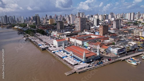 South America market, Ver-o-Peso by Guajara Bay in aerial view. Street market, fair, gastronomy and small port area at Belem, Para, Brazil photo