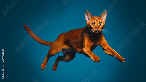 An Abyssinian cat, captured mid-leap, limbs splayed out like a starfish; contrasted by a deep azure background.