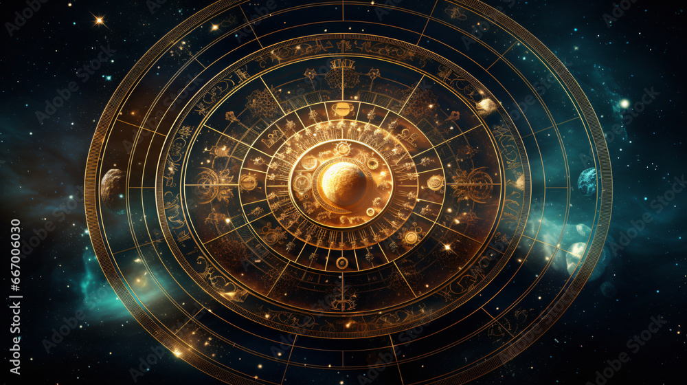Space backdrop with a zodiac wheel - obrazy, fototapety, plakaty 