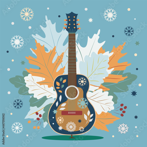 Canvas Print Artistic illustration with a six-string guitar on a winter background with leaves and snowflakes