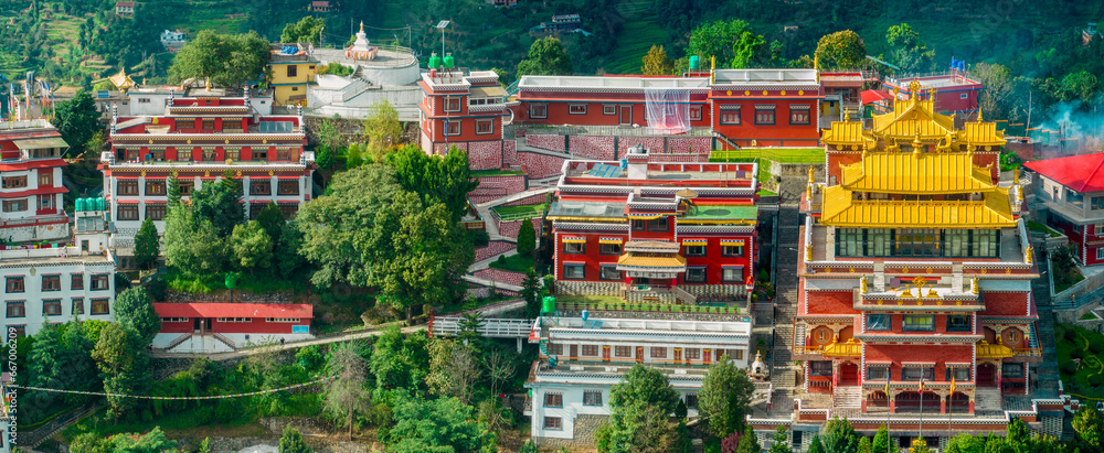 Aerial view of the Thrangu Tashi Yangtse Monastery or Namo Buddha Monastery is a Tibetan Buddhist monastery, close to Kathmandu, it lies at the top of the hill. Nepal 10-03-2023