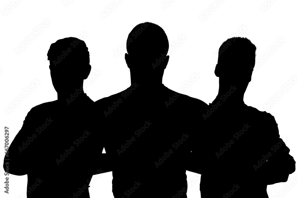 Digital png silhouette of three men standing with arms crossed on transparent background