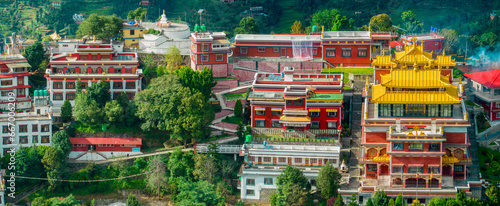 Aerial view of the Thrangu Tashi Yangtse Monastery or Namo Buddha Monastery is a Tibetan Buddhist monastery  close to Kathmandu  it lies at the top of the hill. Nepal 10-03-2023