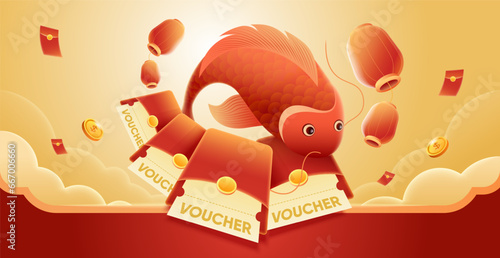 Lucky carp and lucky money envelopes to celebrate Lunar New Year