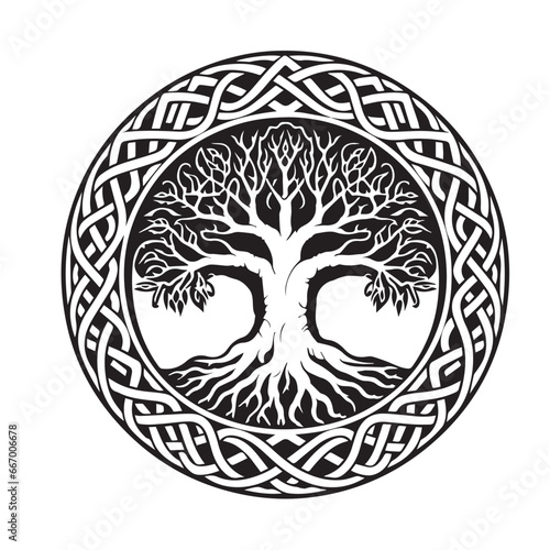 Celtic tree of life decorative Vector ornament, Graphic arts, dot work. Grunge vector illustration of the Scandinavian myths with Celtic culture.