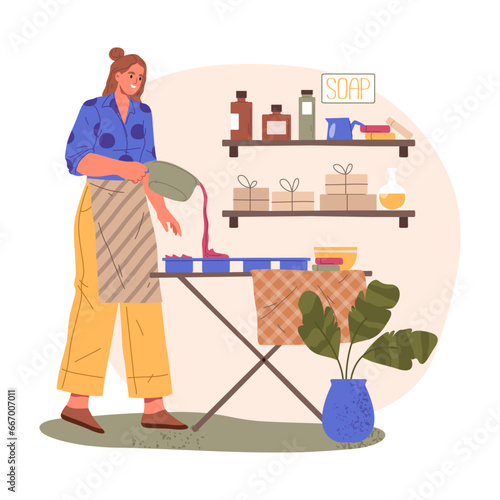 Vector illustration of handmade soap crafting process. Cartoon clipart of home craft product for skin care. Woman domestic workshop. Organic and natural cosmetic. Female make hygiene or beauty product