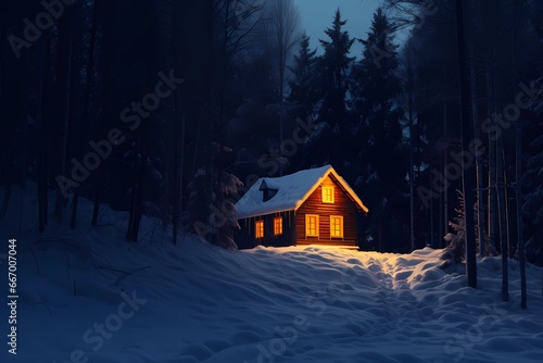 cabin in the winter forest, landscape, winter desktop background © Nikita44