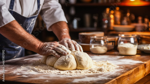 Baker rolling dough in warm kitchen background with empty space for text 