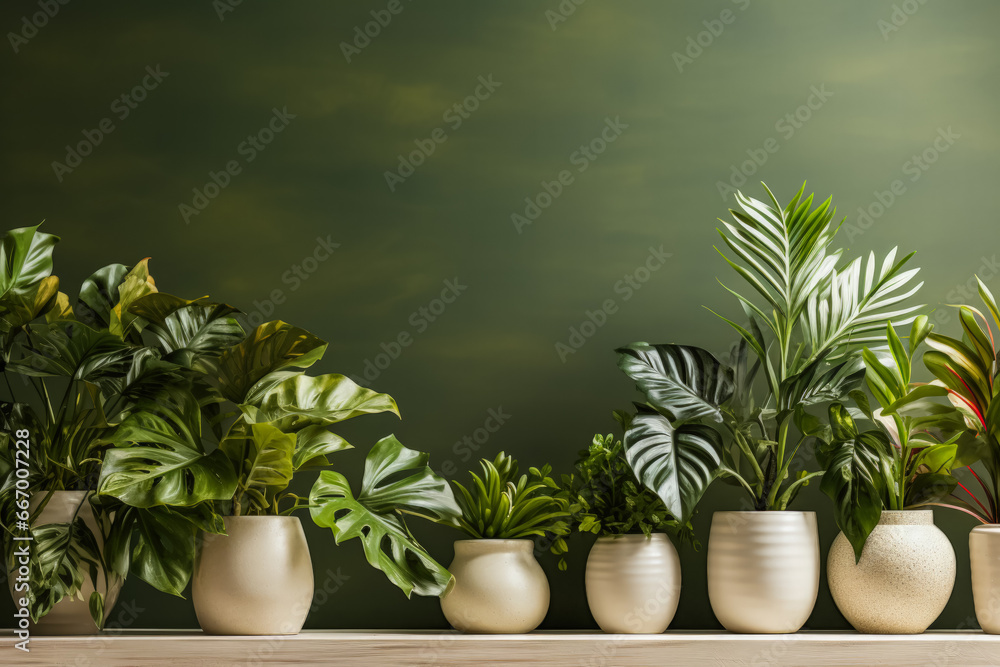Fototapeta premium Indoor gardening scene with lush houseplants background with empty space for text 