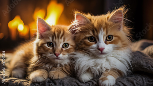 Furry pets cuddled up together on a soft rug by fireplace 
