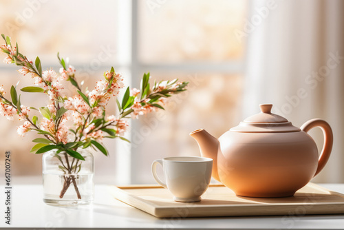 Leisurely tea time setup in a serene home spot background with empty space for text 