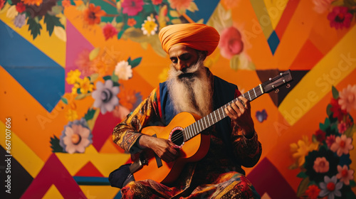 Cultural Heritage and Artistic Expression Man with Sitar and Colorful Mural