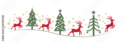 Photo Green Christmas trees, blue Reindeers and golden stars in different design