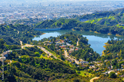 Hollywood Reservoir and Los Angeles Cityscape from a Hilltop