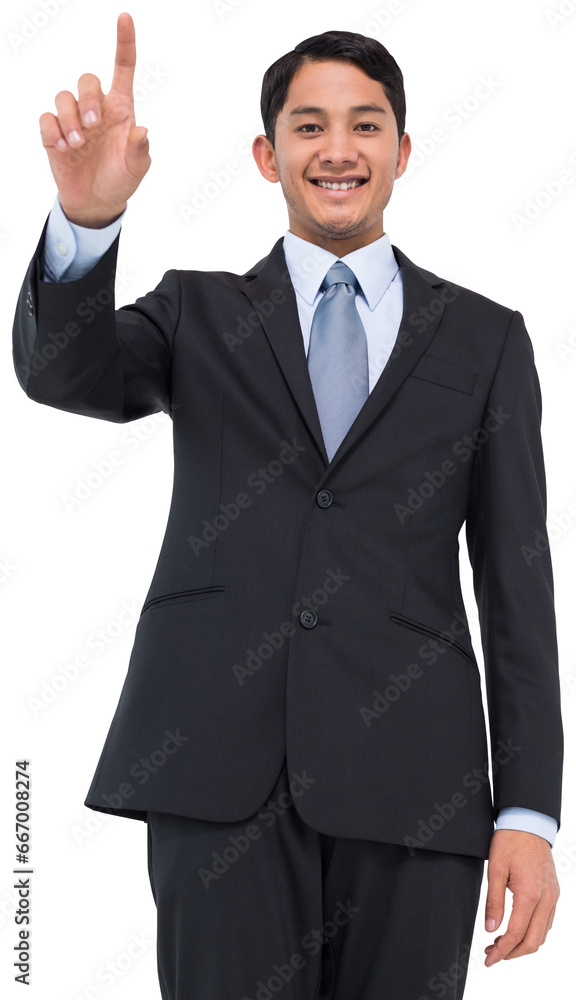 Digital png photo of happy biracial businessman pointing on transparent background Digital png photo of happy biracial businessman pointing on transparent background
