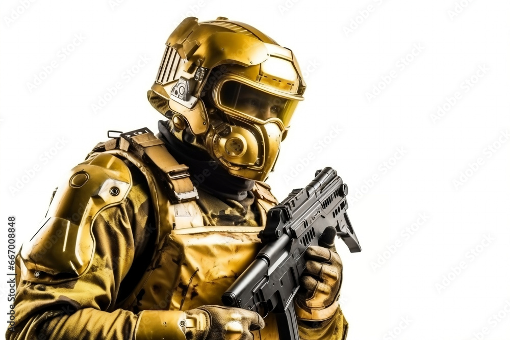 Elite space soldier armed in golden helmet generative ai Elite space soldier armed in golden helmet generative ai