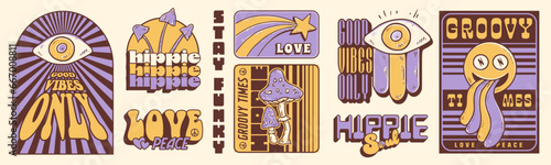 Groovy hippie 70s stickers. Funny cartoon flower, rainbow, peace, Love, smile, mushroom, eye. Sticker pack in trendy retro psychedelic cartoon style 60s. Flower power. Good vibes. Stay groovy