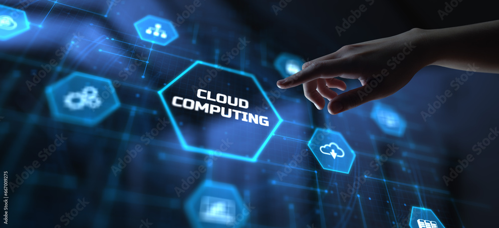 Fototapeta premium Cloud computing technology concept. Business infrastructure service. Hand pressing button.