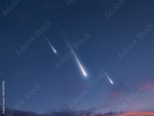 Meteoroids in the sky isolated. Three bright meteorites in the evening. Meteors fly above the clouds.