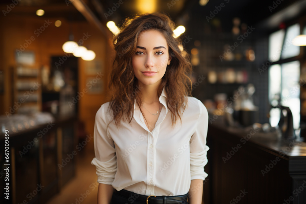 Young businesswoman in a cafe, female cafeteria owner standing indoors and looking at camera Young businesswoman in a cafe, female cafeteria owner standing indoors and looking at camera