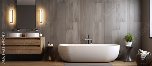 Modern bathroom with gray and wooden walls wooden floor bathtub and double sink with mirrors