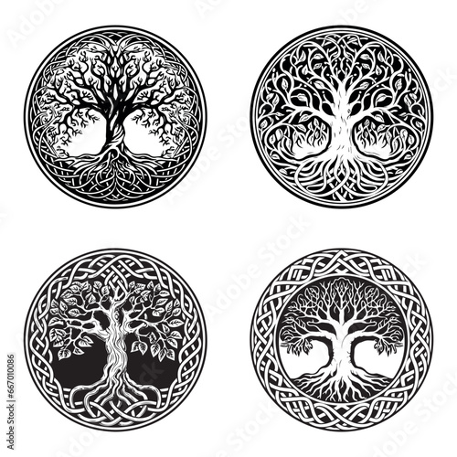 Celtic tree of life decorative Vector ornament, Graphic arts, dot work. Grunge vector illustration of the Scandinavian myths with Celtic culture.