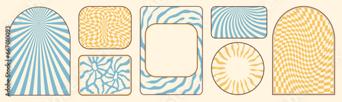 Groovy hippie 70s backgrounds. Waves, swirl, twirl, flower, rays pattern. Twisted and distorted vector set in retro psychedelic style. Y2k aesthetic