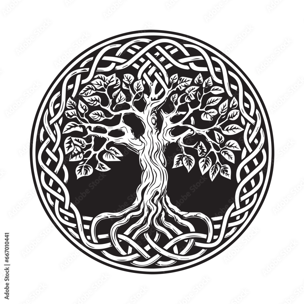 Celtic tree of life decorative Vector ornament, Graphic arts, dot work. Grunge vector illustration of the Scandinavian myths with Celtic culture. Celtic tree of life decorative Vector ornament, Graphic arts, dot work. Grunge vector illustration of the Scandinavian myths with Celtic culture.
