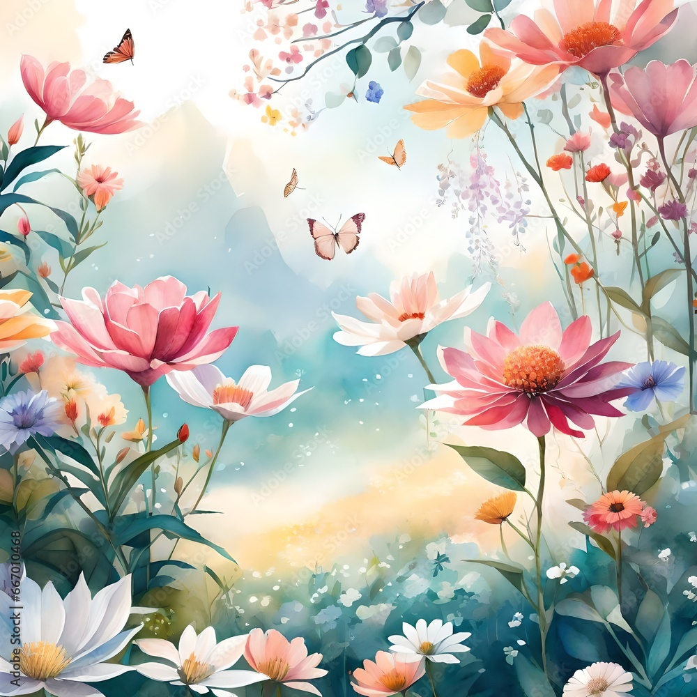 An enchanting garden with vibrant blooms, butterflies in flight, and a gentle breeze