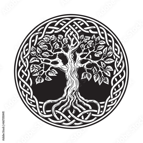 Celtic tree of life decorative Vector ornament, Graphic arts, dot work. Grunge vector illustration of the Scandinavian myths with Celtic culture.