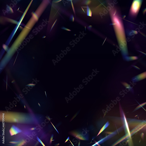 Rainbow light rays, lens flare, reflection effect from crystal, glass or gem. Background material reflection of light glitter.
