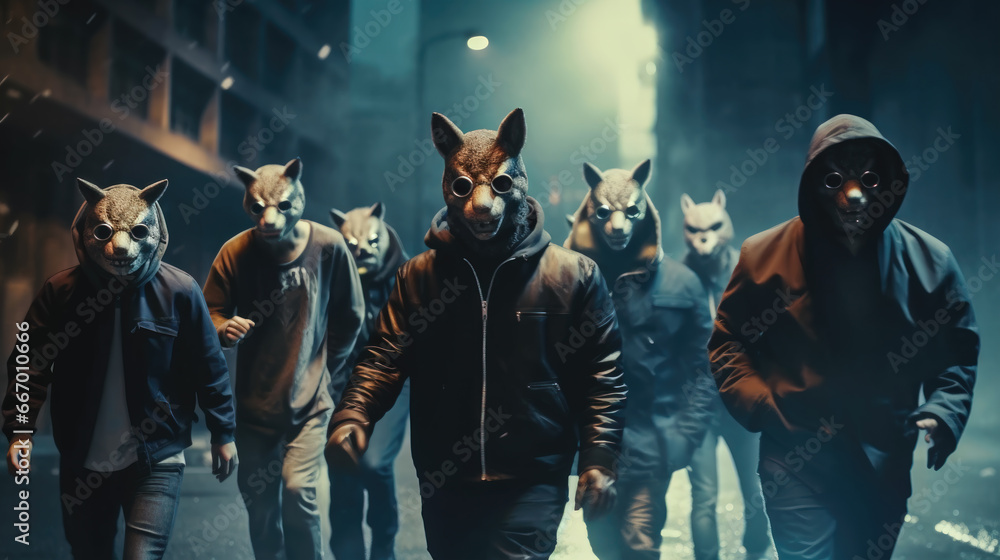 Obraz premium A Group of People in Animalistic Costumes Perform a Mystical Gathering in a Dark foggy Street