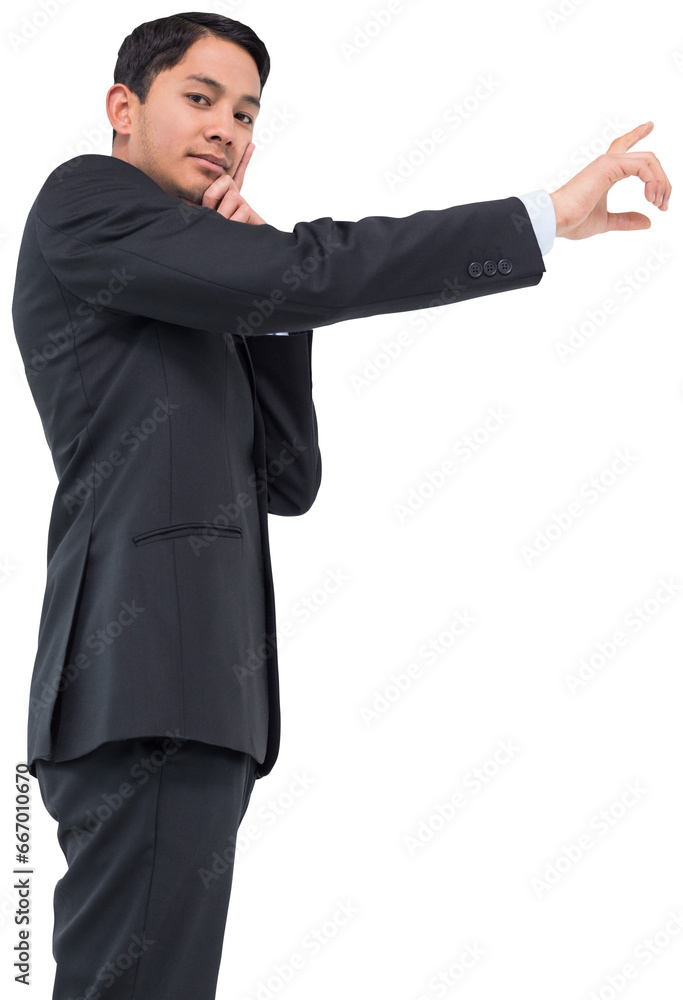 Digital png photo of biracial businessman touching virtual screen on transparent background Digital png photo of biracial businessman touching virtual screen on transparent background