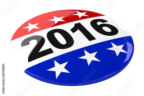 Digital png illustration of badge with 2016 and flag of usa colours on transparent background