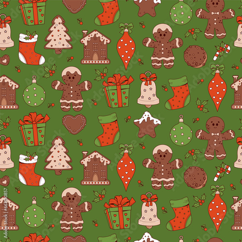 Christmas seamless pattern. Nostalgic retro cartoon gingerbread, cookies, man, tree, house, Xmas stocking gift, ball toy, bell on green background. Vector  Trendy New Year illustration