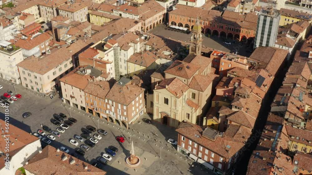 Aerial view of the Cathedral of San Giorgio, also called Duomo, in the historic center of Sassuolo, Emilia Romagna Italy. It's the main church of the city and dedicated to the patron saint of the city Aerial view of the Cathedral of San Giorgio, also called Duomo, in the historic center of Sassuolo, Emilia Romagna Italy. It's the main church of the city and dedicated to the patron saint of the city